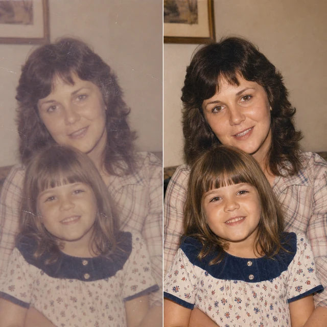 Old family photo before and after AI restoration